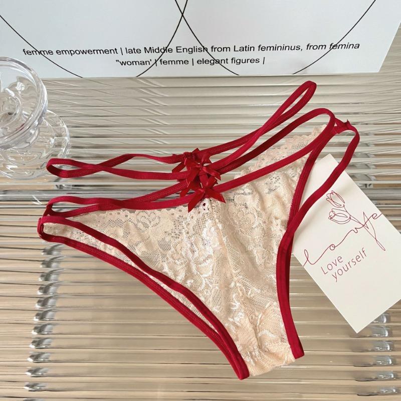 Female Sexy Red Underwear with Low Waist Briefs Hollow Thin Design Pure Cotton Crotch Women's Triangle Panties