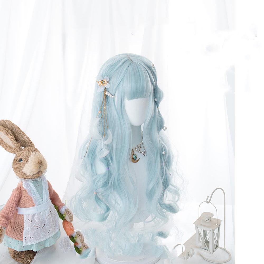 Lolita Wig Female Long Curly Hair Halloween Wig Wave Blue Wig With Bangs Cosplay Synthetic Hair Heat-Resistant Fiber LUPU