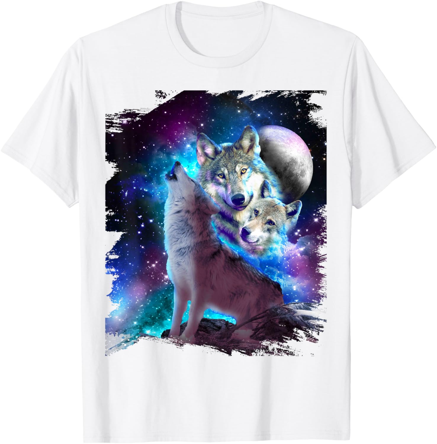 Lucky starfish Top Galaxy Wolf Pack Howling At Moon Print Katoenen T-shirt met Korte Mouwen en Ronde Hals voor Mannen Casual XL