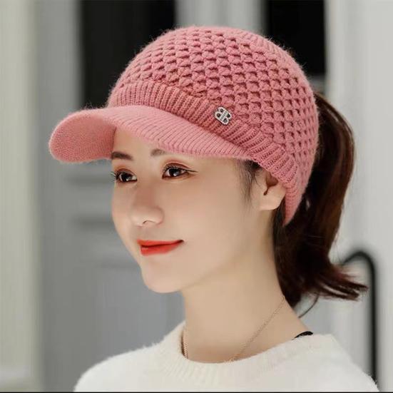 Knitted Hat Empty Top Plush Lining Casual Peaked Stretchy Keep Warm Solid Color Autumn Winter Women Sports Cap for Outdoor