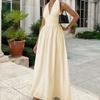 Cotton Long Dress With Waist Cinched V-neck And Large Swing, Tied Long Skirt For Women