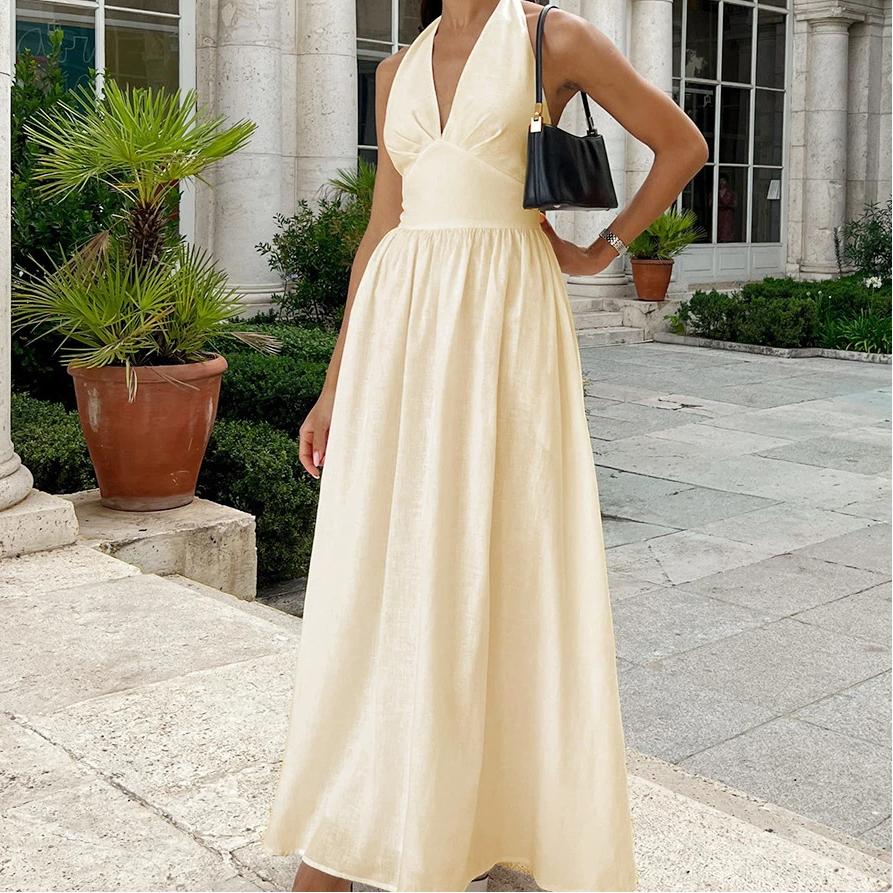 Cotton Long Dress With Waist Cinched V-neck And Large Swing, Tied Long Skirt For Women