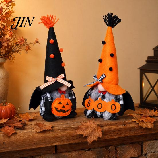 Decorative Gnome Toys Halloween Plush Decoration, Spooky Orange Black Boo Pumpkin Swedish Tomte Seasonal Table Accents Figurine, Elf Dwarf Ornaments