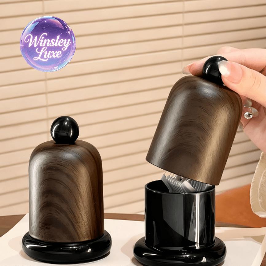 1Pc Elegant Walnut Wood Toothpick Holder with Ball Top - Solid Wood Design, High-End Decor for Living Room & Kitchen, Portable