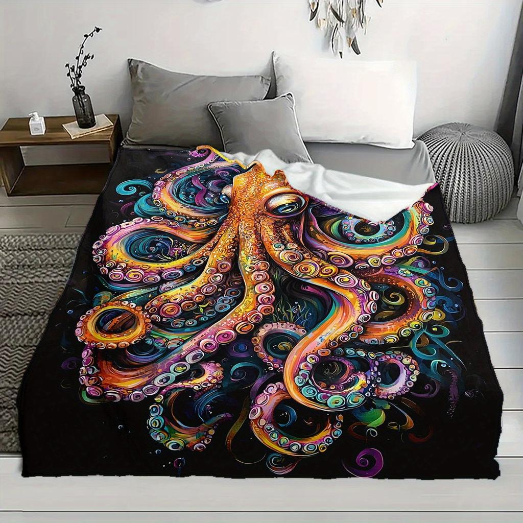 Colorful Octopus Print Flannel Fleece Throw Blanket - Coastal Style Animal Theme, Soft Polyester, Digital Printing, Knitted, All