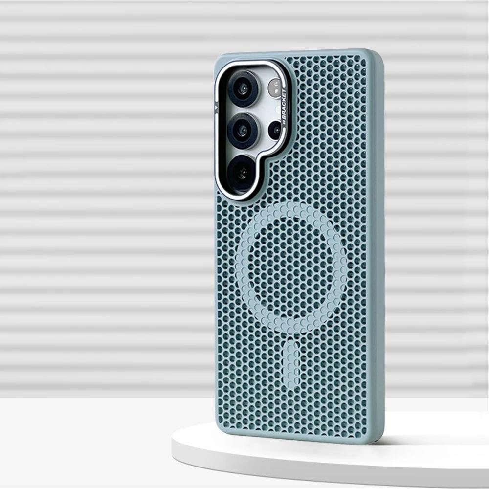 Coque Magnétique Bumper Refroidissante en Maille Nid d'Abeille pour Samsung Galaxy S2 Ultra S24 S23 Plus Support d'Objectif en Alliage Couvercle de Chargement Sans Fil