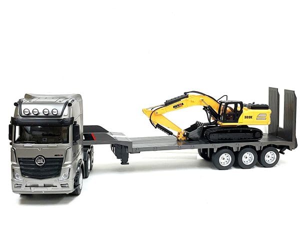 Huina Toys 1552 832mm Long Scale RTR Heavy Equipment Trailer with Power Shovel and Backhoe Figure 2.4GHz 9-Channel 1/18 3-Axle 2-Differential