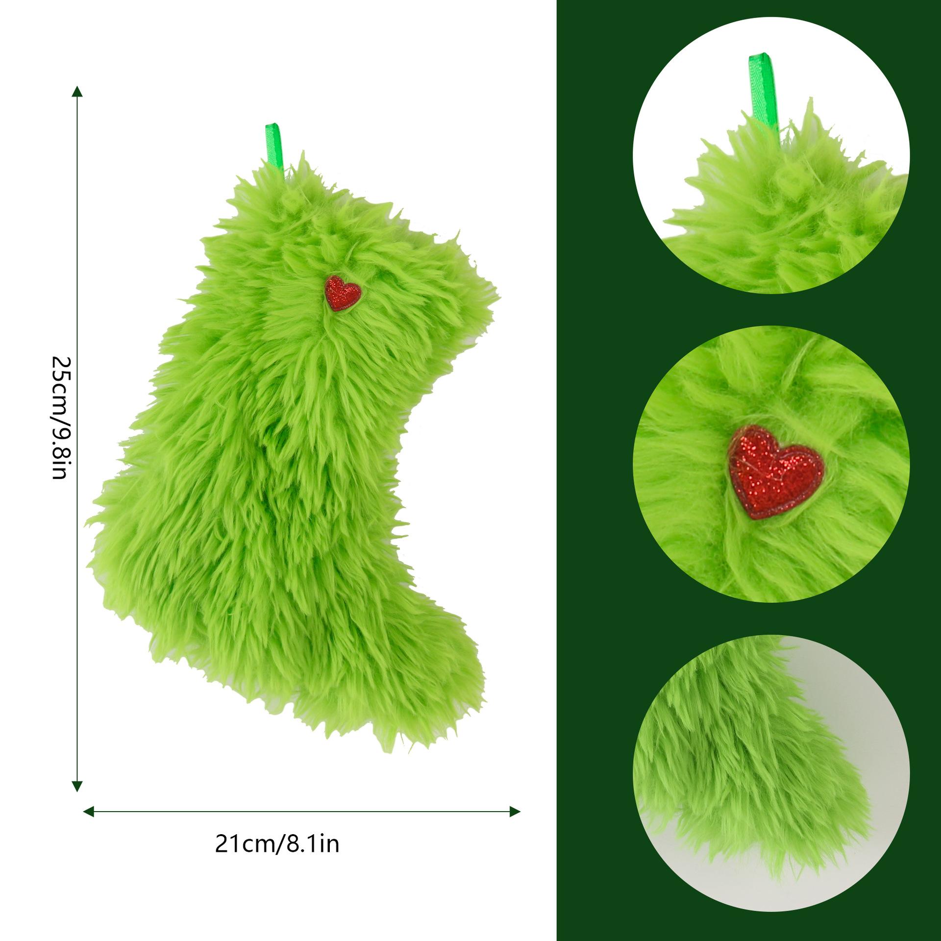 Christmas Green Stocking Decor 9Inches Classic Green Christmas Stockings 6Pieces Faux Flush Christmas Decor Candy Pouch For