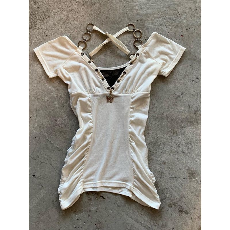 

Floral Original Vintage White Nipped-Waist Short-Sleeved T-shirt Stylish Niche Style Retro Solid Color and V-neck Tops Female Summer White T-Shirt S