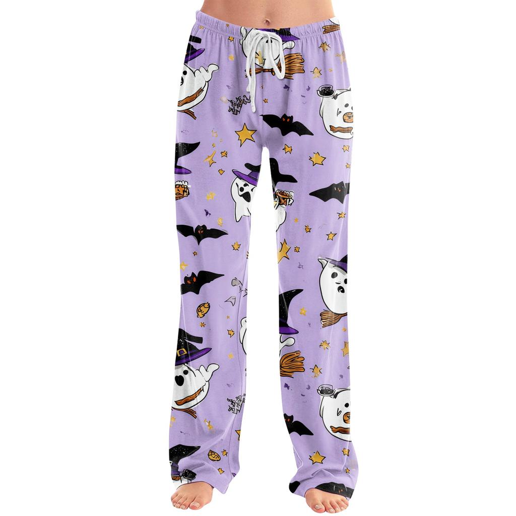 Women Drawstring Lounge Pants Halloween Print Casual Loose Fit Full Length Pajama Bottoms with Elastic Waistband and Relaxed Style