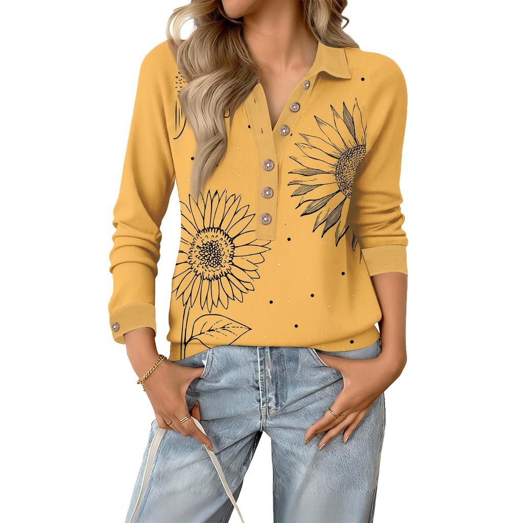 Women's Relaxed V,neck Long,sleeved Button,down Floral Pullover Top