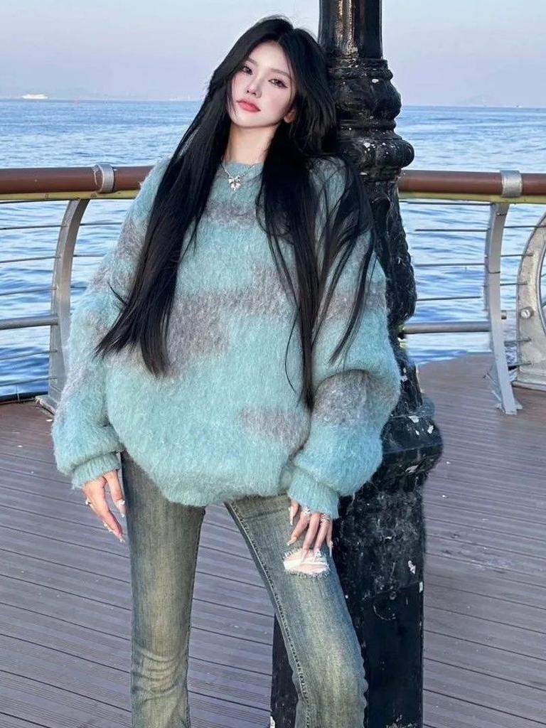 Korean Style Color Block Deer Plush Sweater for Women - Winter Loose Fit Knit Pullover Top