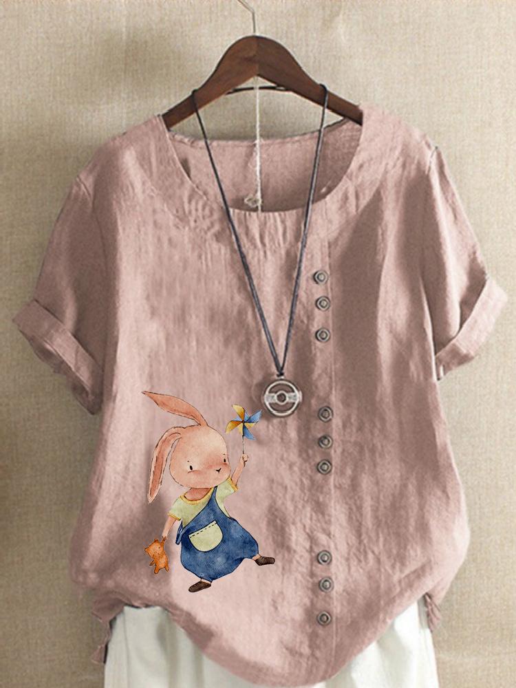Women's Fashion Fashionable Rabbit Print Shot Sleeve T-shirt Loose Cotton Shirt Casual Loose Summer Blouse Tops Plus Size