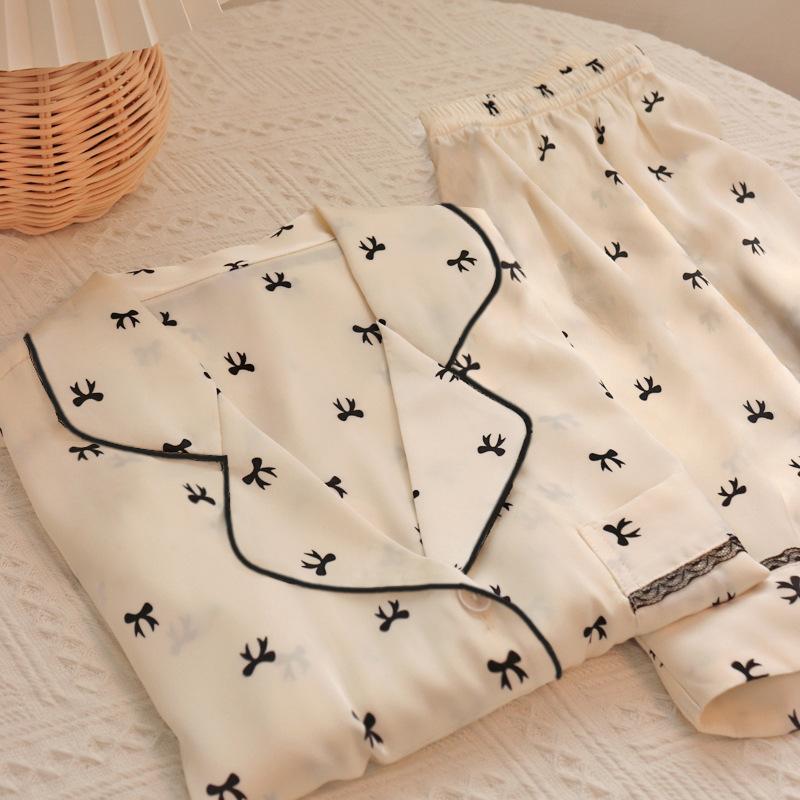 Summer Short-Sleeved Pajamas Women'S Sweet Style Full Print Bow Print Loungewear Two-Piece Set