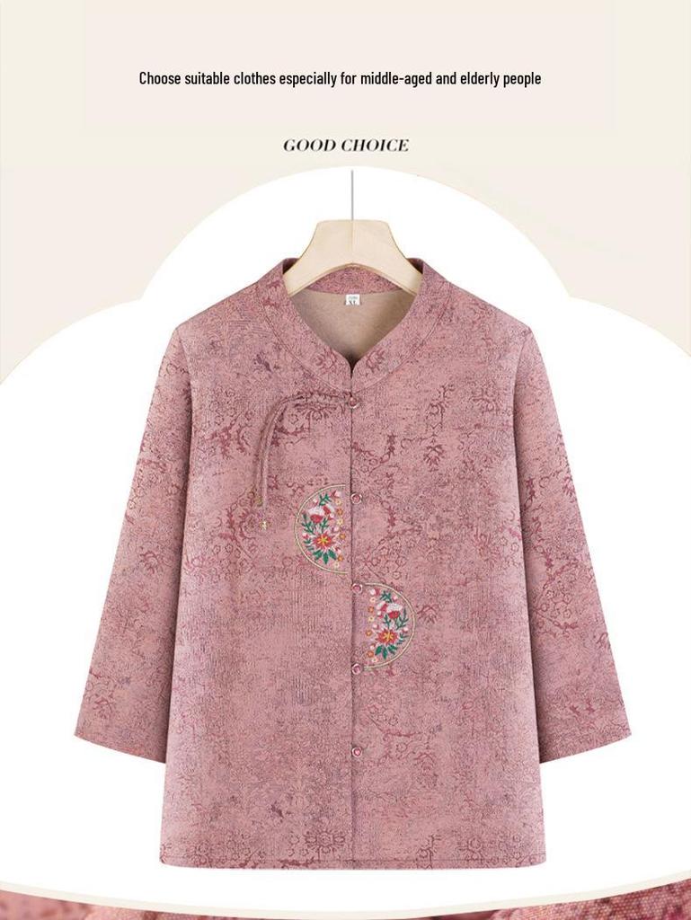 Chinese Style Summer Top for Middle-aged and Elderly Women - Lightweight Seven-Sleeve Grandma Shirt