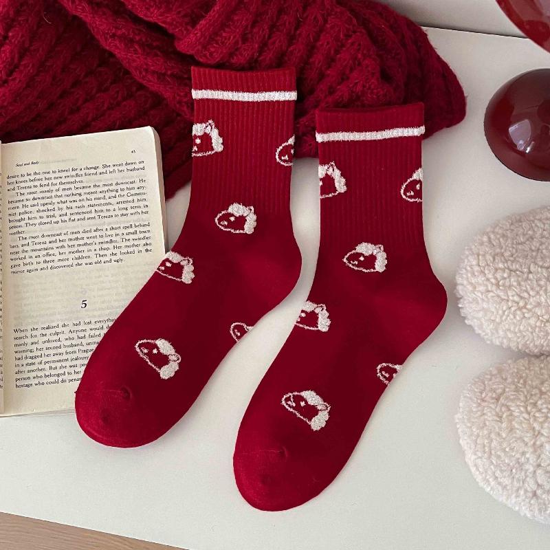 Red Color Women's Cotton Ankle Socks - Thick Soft Crew Socks For Cold Weather, Breathable & Warm
