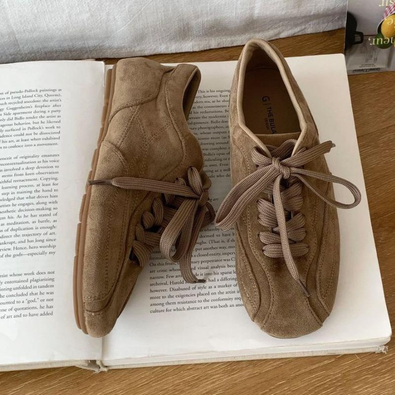 Suede Retro Lace Up Casual Flat Shoes Women Comfort Shallow Autumn Footwear Female Brown Fashion  Ballet Sneakers Women