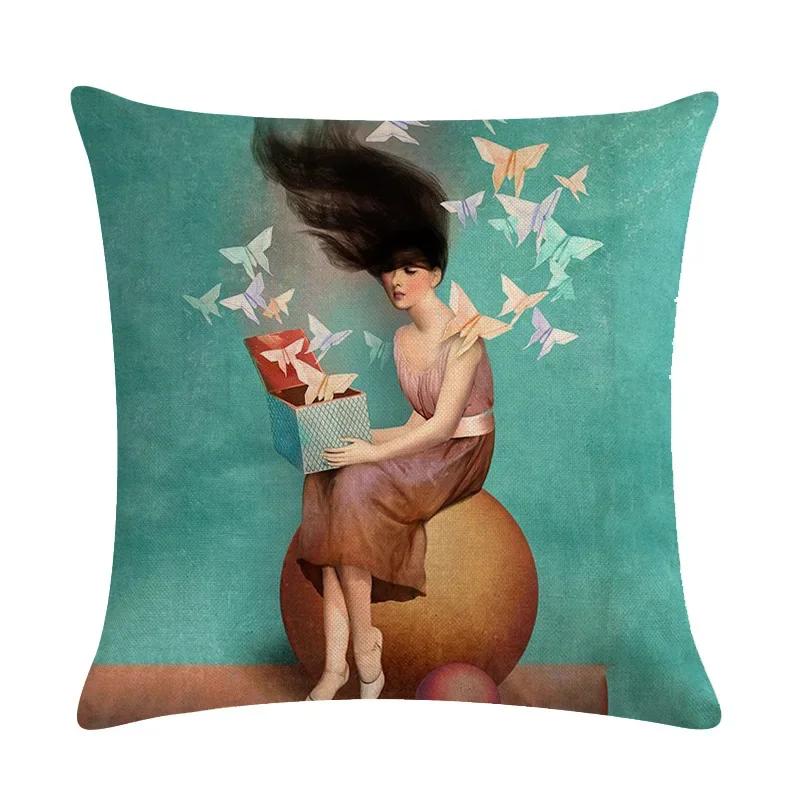 Abstract Fairy Girl Decorative Cushion Cover Linen Pillowcase For Sofa Couch Bedroom Home Living Room Decor 45X45Cm