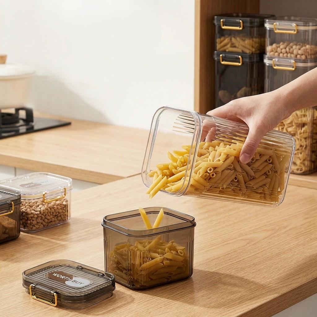 Airtight Food Storage Containers Fridge Stackable Clear PET Plastic Kitchen Jars Leakproof Pantry Organizer Cereal Pasta Coffee