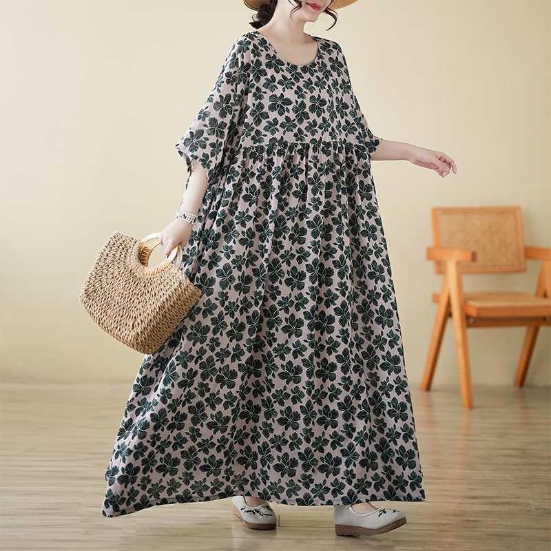 Summer Crew Neck with Rotator Sleeves Loose Swing Dress Women's Large Size Bohemian Casual Vacation Dress