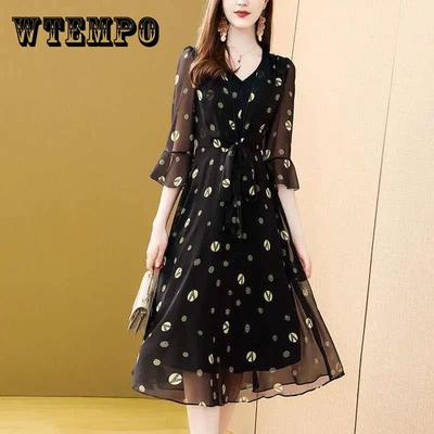 M-XXXXL Vestido floral de gasa Verano con cuello en V Mangas 3/4 Hasta la pantorrilla Ropa diaria Oficina Citas Fiesta Vestido ligero y transpirable de una línea