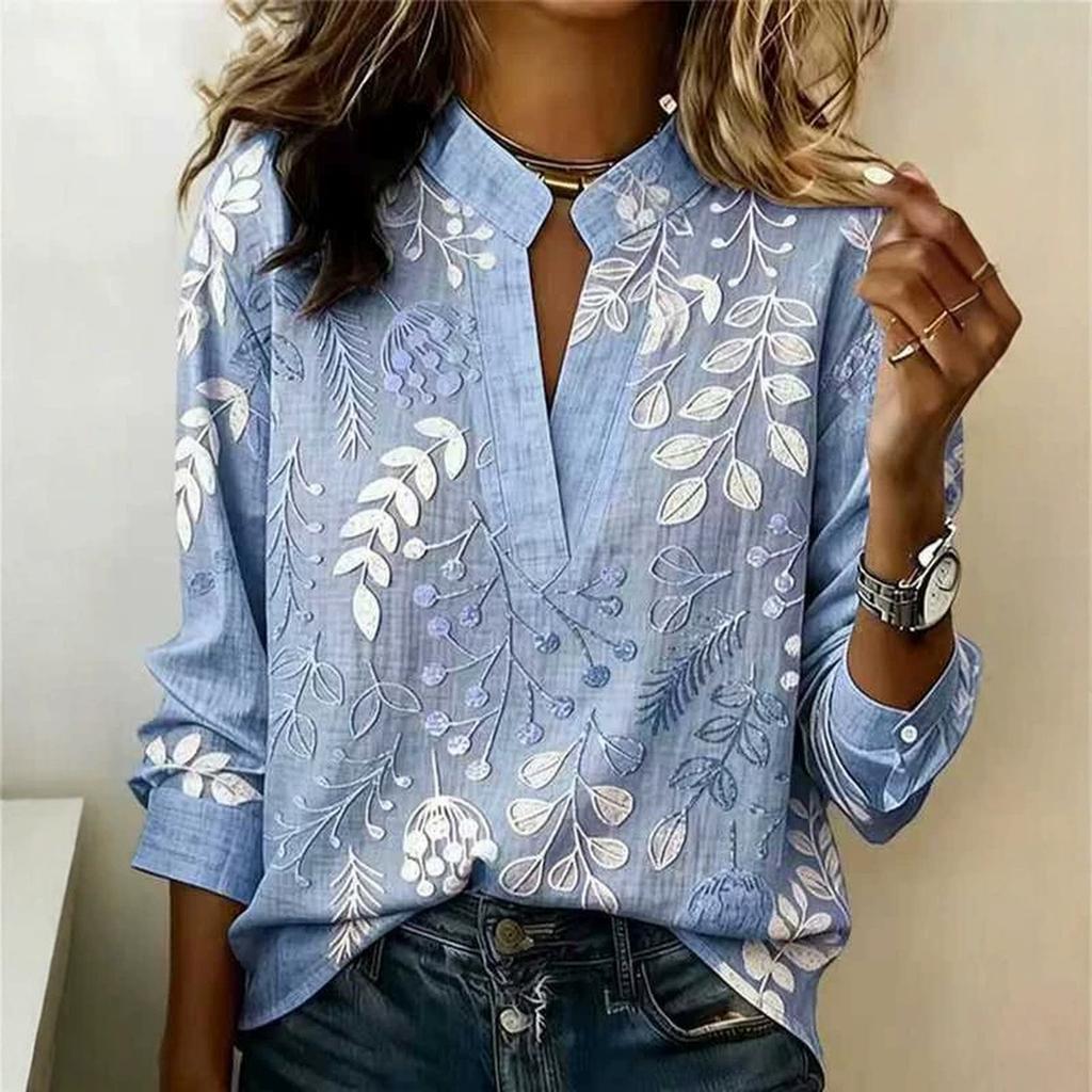 Women's Elegant Printed V-Neck Long Sleeve Slim Fit Top for Work and Everyday Wear