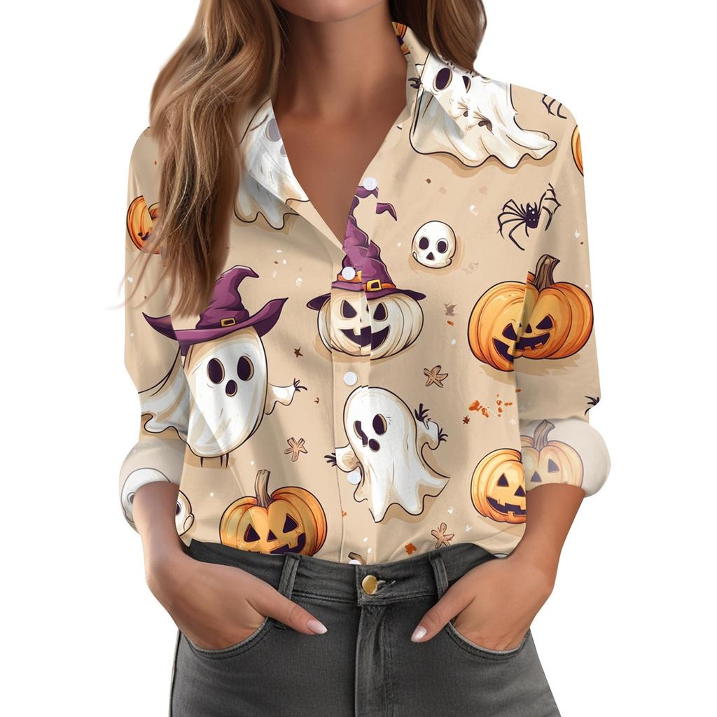 Damen Hemd Bluse Halloween Print Knopf Langarm Lässig Basic Hemdkragen Regulär Top