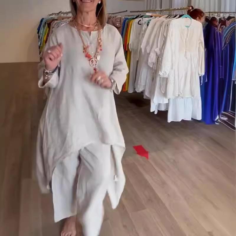 Summer Solid-colour Sophisticated-style Casual Cotton-linen Set for Women with Three-quarter Sleeves and Cropped Trousers