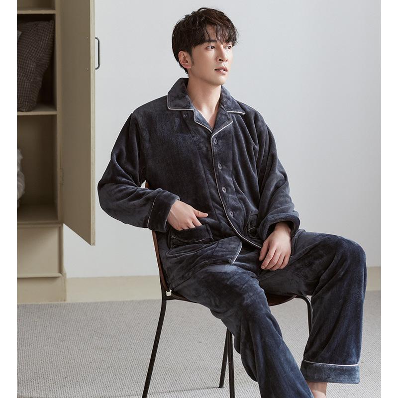 Pajamas Men'S Autumn And Winter Coral Fleece Winter Fleece Thickened Flannel Men'S Winter Warm Homewear Set