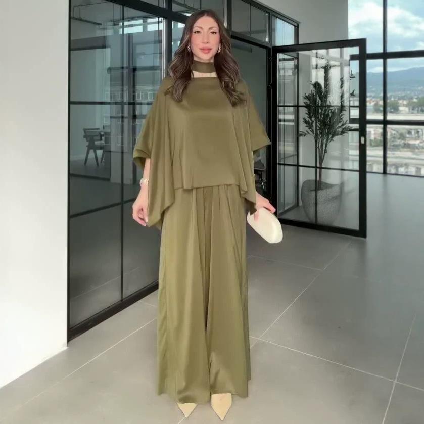 Cross-border Amazon foreign trade 2026 spring and autumn new European and American loose streamer long-sleeved top high-waisted wide-leg pants set