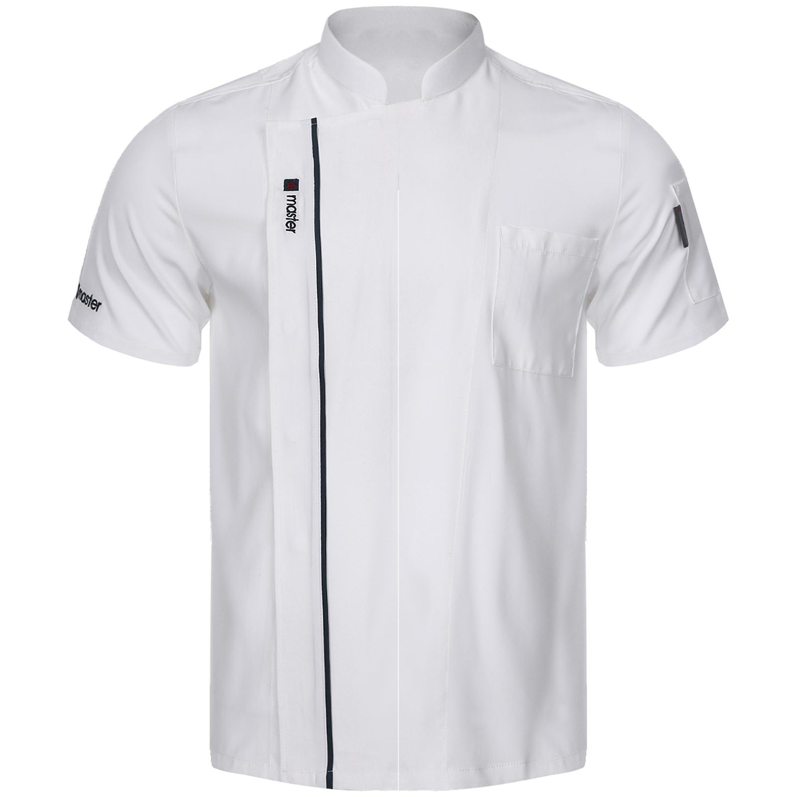 

Унисекс Легкая куртка шеф-повара с коротким рукавом, воротником-стойкой, вышитыми буквами, контрастной отделкой, кухонная униформа, профессиональная одежда для готовки L белый