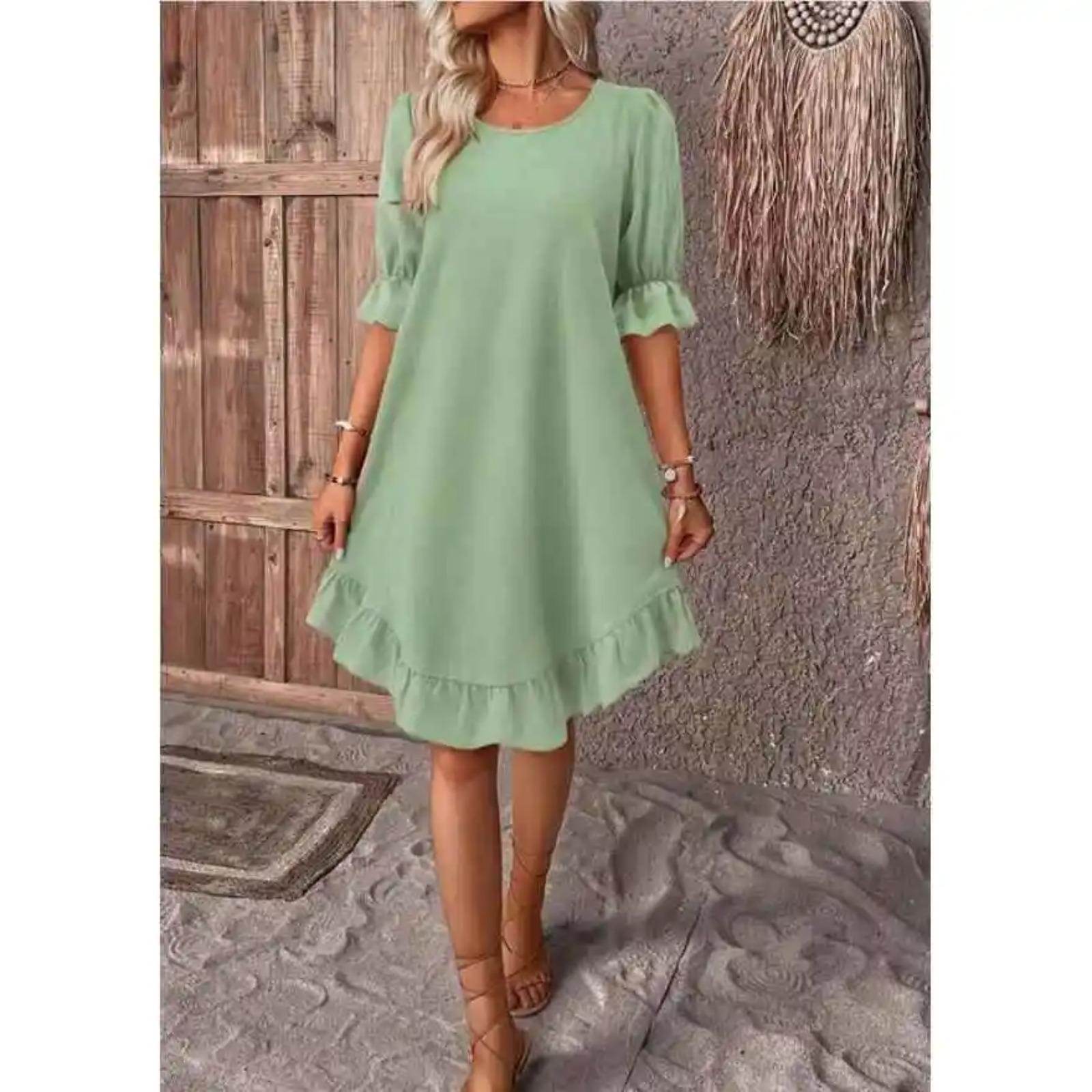 

Spring Summer Women s Vintage Cotton Lin Loose Midi Dress Round Neck Half Sleeve Pure Color A-Line Skirt Travel Friendly XXXL зелений