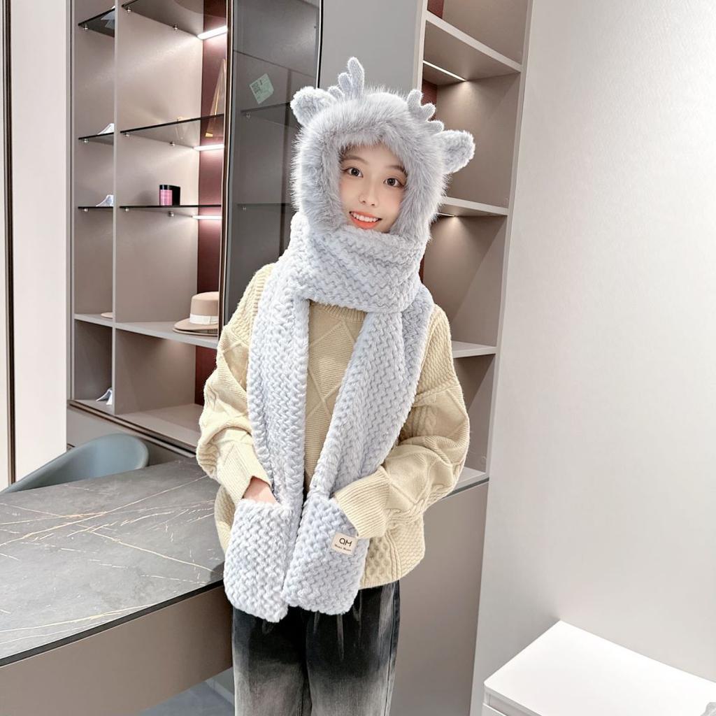 Women's Winter Hat Scarf One-piece New Deer Hooded Cycling Thick Plush Three Piece Set