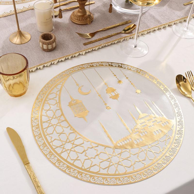 1/4 pièces Tapis de Table Eid Mubarak Ramadan Kareem Lune Dorée Tapis de Table en PVC pour Festival Musulman Islamique Fête Décoration de Table Maison Cadeau