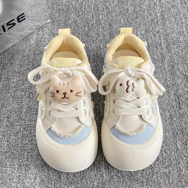 Fashion Korean-style 2025 Spring Women's Dopamine Bow Platform Sneakers - Chunky White Bread Shoes Cute & Versatile Thick-Sole Summer