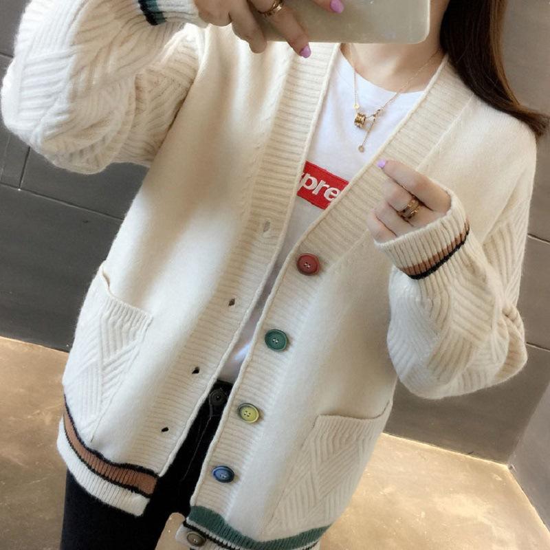 Color Button Knitted Cardigan for Women, Foreign Versatile and Contrasting Colors V-neck Large-size Sweater Cardigan for Women, Loose and Lazy Women