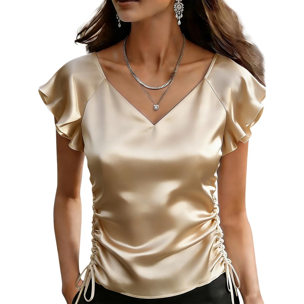 Kurzarmblusen für Damen V-Ausschnitt Satin Raffung Design Elegante Damen-Kurzarmblusen und Damen-Kurzarmtops für den täglichen Gebrauch