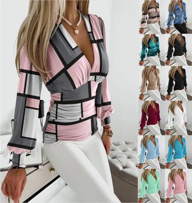 Camicia alla moda da donna stampata a maniche lunghe con scollo a V e stampa autunnale 2023