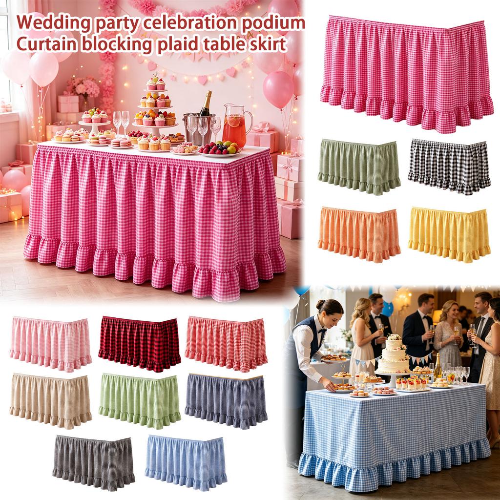 Table Skirt with Hook and Loop Fastening, Plaid Ruffle Design for Wedding Party Hotel Decoration
