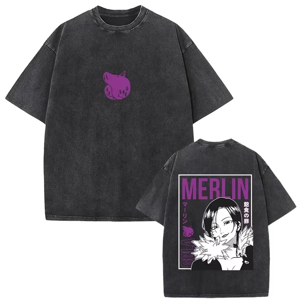 Sommer Japanischer Anime Vintage Gewaschenes T-Shirt Die Sieben Todsünden Escanor Grafikdruck Unisex Locker geschnittenes Hemd
