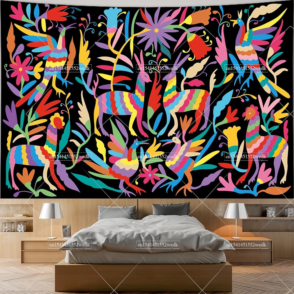 Mexiko Blumenteppich Mexikanische Pflanze Blumen Stickerei Ethnisch Otomi Vögel Wandteppiche Ästhetische Raumdeko Illustrationen Hintergrund