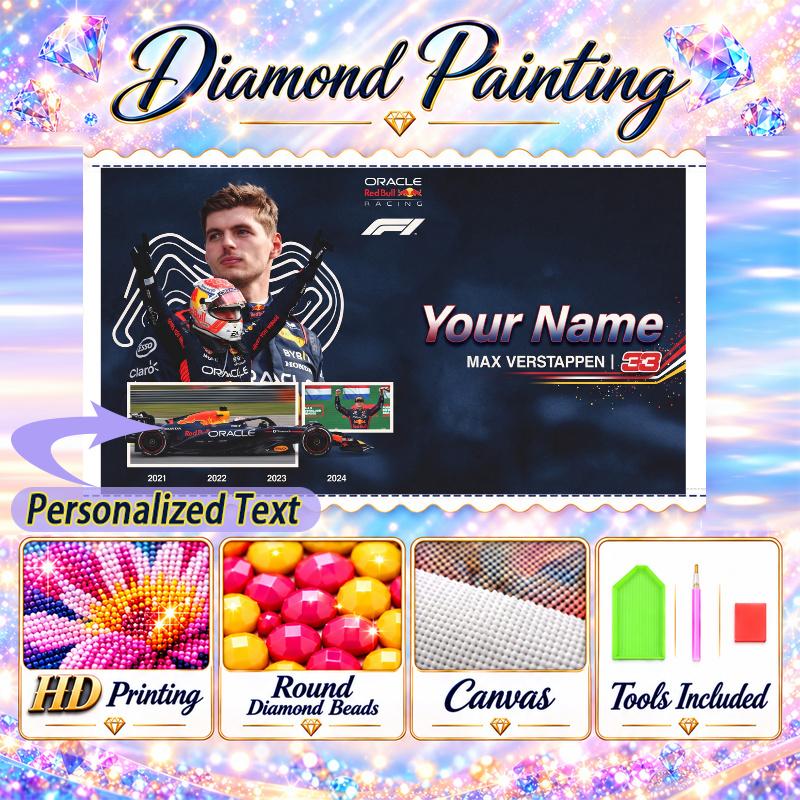 Max Verstappen 5D DIY Diamond Painting Custom Name Text, Full Drill Rhinestone Mosaic Art Home Gift