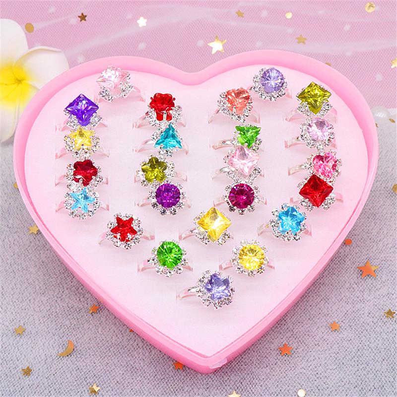 Children's Adjustable Rhinestone Ring Set - Gift Box of Gemstone Finger Jewelry for Girls