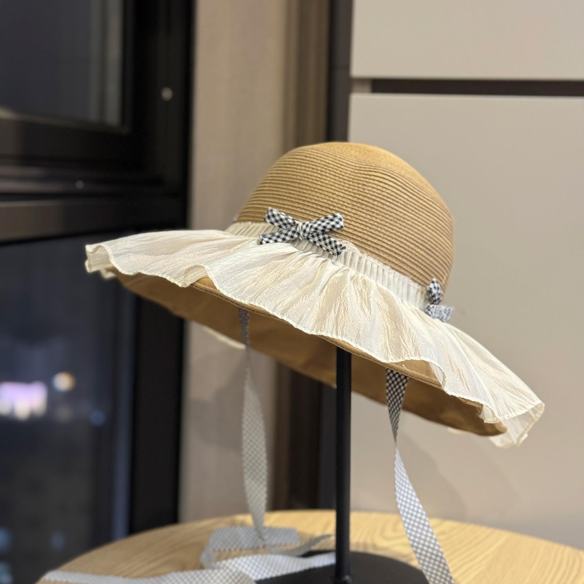 

Spring and summer cute age-reducing bow-tie ribbon sunscreen straw hat for women, seaside lace mesh floral sun hat Adult54-60Adjustable хакі
