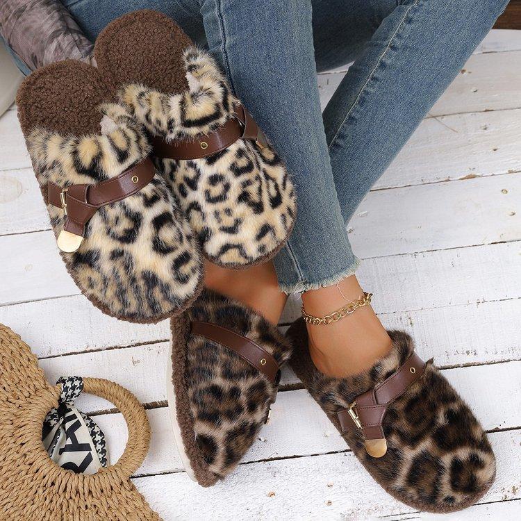 Women's Leopard Print Baotou Plush Slippers Padded Warm Winter Thick Bottom Heightened Home Slippers Casual Hiking Indoor Shoes Snow Cotton Mops