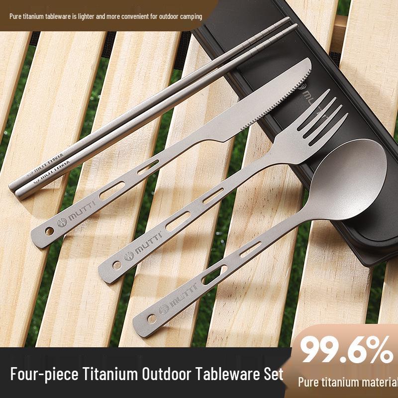 Titanium Cutlery Set: 4-Piece Fork, Spoon, Knife & Chopsticks for Outdoor Camping