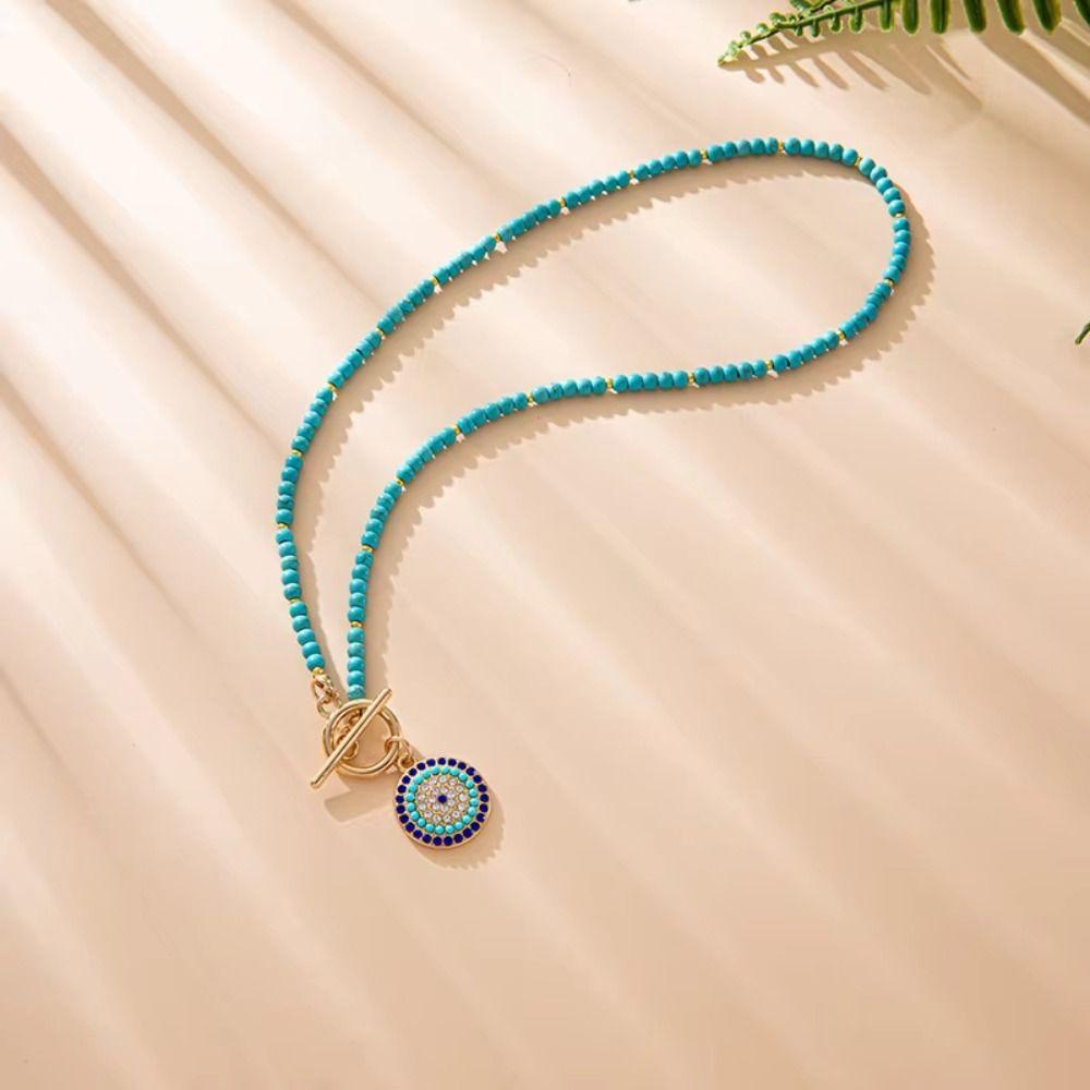 4mm Beads Evil Eye Charm Pendant Boho Style Beads Chain Necklace Colorful Stone Choker  Daily Wear