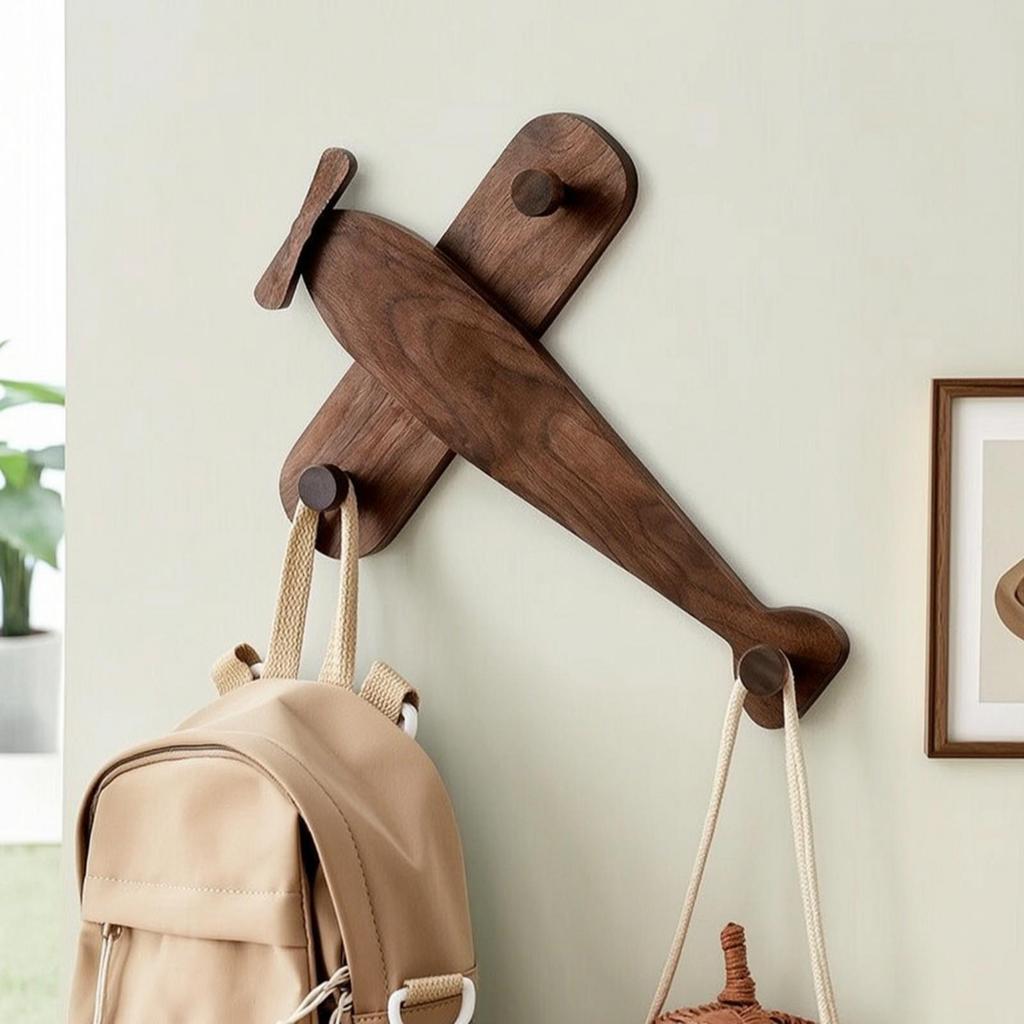 Airplane Coat Hook Solid Wood Wall Walnut Rack with Pegs for Kids, Entryway,