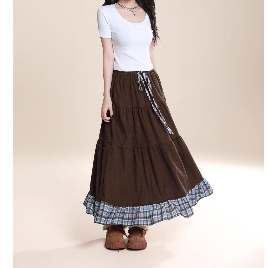 Jupe longue plissée à carreaux marron en velours côtelé style japonais grande taille pour femme - Mode Printemps/Automne