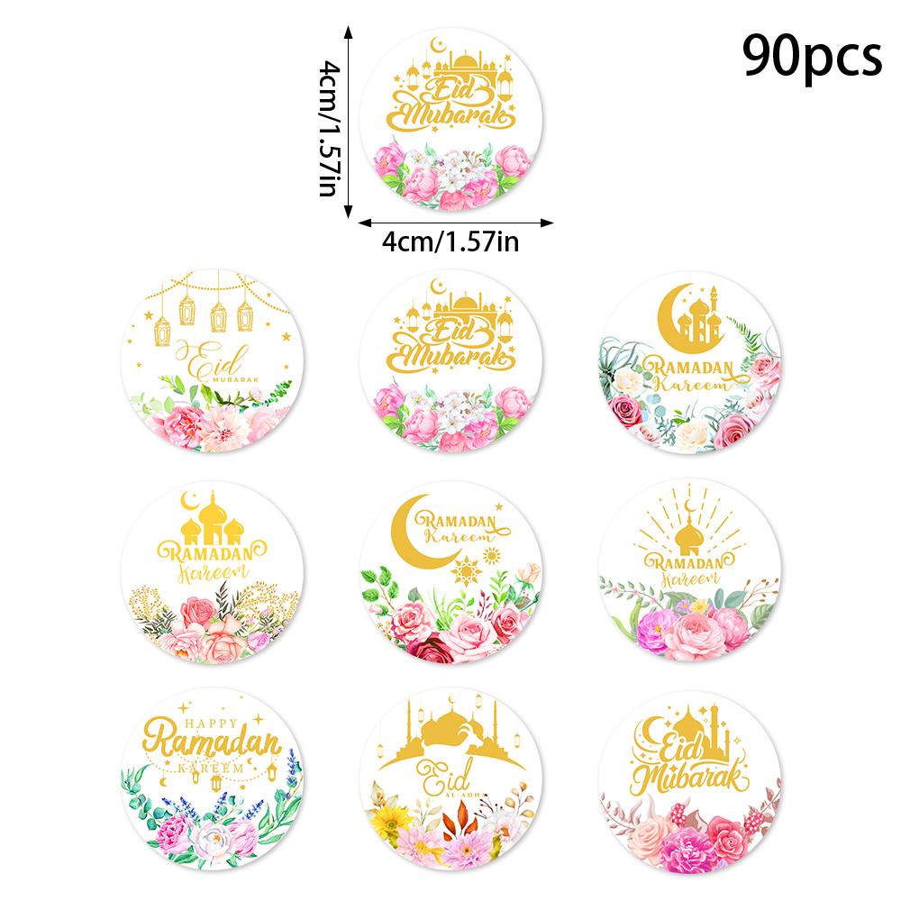 90pcs Ramadan Floral Moon Paper Sticker Eid Mubarak Gift Lable Seal Sticker Islamic Eid Al-fitr Party Celebration Party Supp